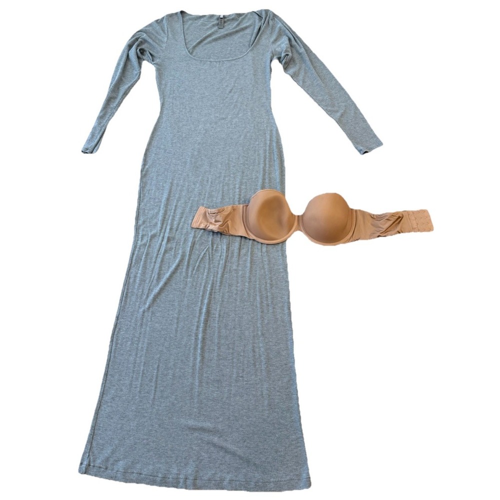 SKIMS 38C Strapless Bra & Gray 2x Long Sleeve Maxi‎ Dress Lounge Capsule Bundle